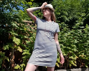 Short Sleeve eco SHIRT Dress with Pocket on Chest | Midnight Blue + White Stripe Stretch Knit | fits xs/s, short summer dress,artisanal made