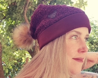 eco MUCH LOVED Touque | Wine Organic Wool Boucle with Detachable Faux FOX Fur Pom Pom + Mini Leather Heart | long hat, artisanal, one size