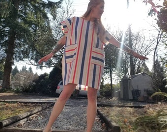 eco BANDED Freedom Dress | Vintage Nautical Striped Wash Cotton | One size | One of a kind,short tunic dress, sustainable, artisanal, kaftan