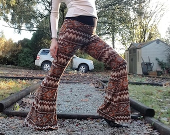 eco LUXE Flare Pants | Azteca/Bohemia Print on Silky Knit | fits xs-m, bell bottoms,70's, retro, dance,yoga, artisanal made, fun hippy,brown