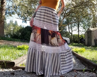 eco FREESPIRIT 'Temples + Towers' gypsy Maxi Skirt | Stripe Linen, Satin + Lace | fits L-XXL, boho chic, one of a kind, patchwork, artisanal