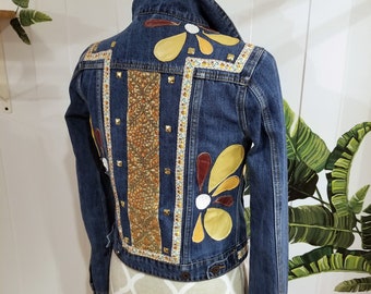 eco UPCYCLED "Mayan Sunflowers" Jean Jacket | earth-tone Leathers, Gold Studs + Vintage trim | fits xxs/xs, rework, southern, retro, artisan