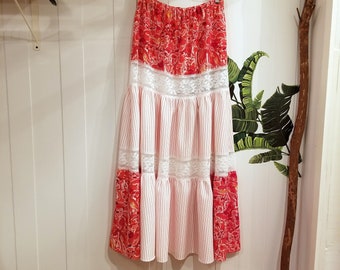 eco FREESPIRIT Gypsy campesino Maxi Falda / Rojo/Rosa Floral + Lino a rayas / se adapta a S-L, boho chic, único en su tipo, patchwork de verano, artesanal