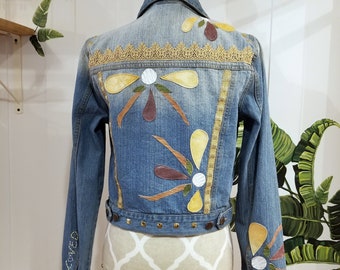 eco UPCYCLED "Dragonfly Sunrise" Jean Jacket | Yellow/Mauve Leather, Gold Studs + Vintage trim | fits S/M, rework, one of a kind, artisanal