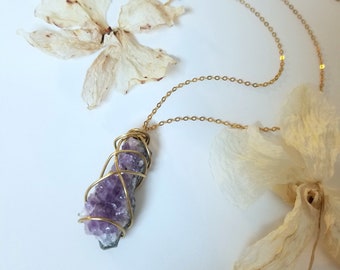 Raw Amethyst Crystal Eco GALAXY Necklace on a 32" Fine Gold Chain | one of a kind, love talisman, healing jewelry, gifts for her, artisan