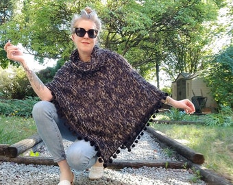 eco COLLARED Poncho | Furry Sweater Knit + Pom Pom Edge | One size, sustainable, artisanal, fall throw,cover up, gifts for her,one of a kind