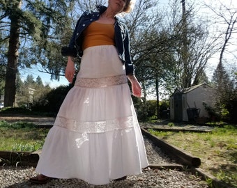 eco FREESPIRIT Gypsy peasant Maxi Skirt | White Antique Wash Linen + Lace | fits S/M, summer boho, vintage chic, romantic, wedding, artisan