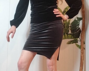 Ruched Asymmetric Velvet Mini Skirt: Fitted Stretch Knit, Made to Order