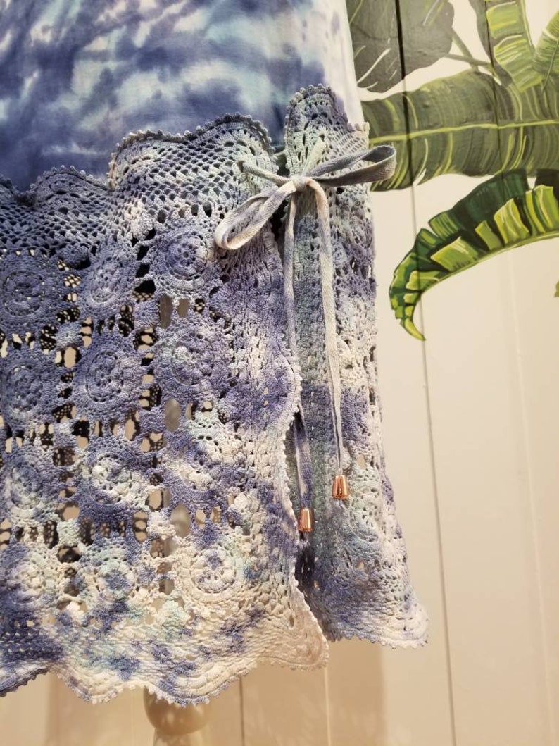 Summer Dress Organic Clothing One of a kind Size S Starburst Dress in BlueTeal Organic Bamboo Tie Dye Loungewear Vintage Lace