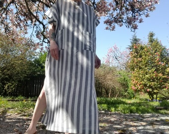 eco BANDED Freedom Dress {Maxi Length Version} | White/Navy Stripe Linen | One size | One of a kind, summer dress, flowy kaftan, shift dress