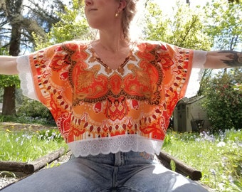 eco FREESPIRIT Gypsy flow Top | Mandala Satin, Stripe Linen + Lace | one size, bright motif, summer chic, patchwork, orange crop, artisan
