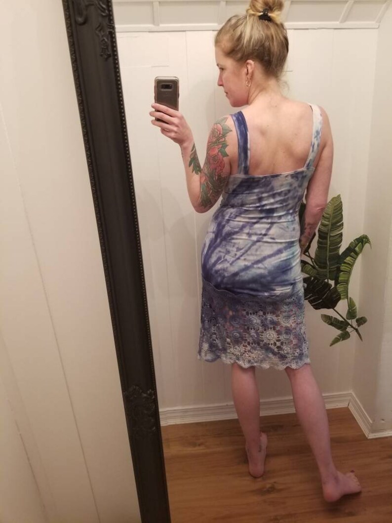 Summer Dress Organic Clothing One of a kind Size S Starburst Dress in BlueTeal Organic Bamboo Tie Dye Loungewear Vintage Lace