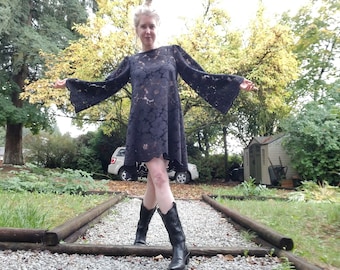 MARY JANE eco Bell Sleeve Mini Dress | Black Cotton Floral + Scalloped Lace | Size 2-14 | flare dress,swing dress, short dress, artisan made