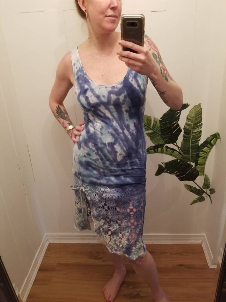 Summer Dress Organic Clothing One of a kind Size S Starburst Dress in BlueTeal Organic Bamboo Tie Dye Loungewear Vintage Lace
