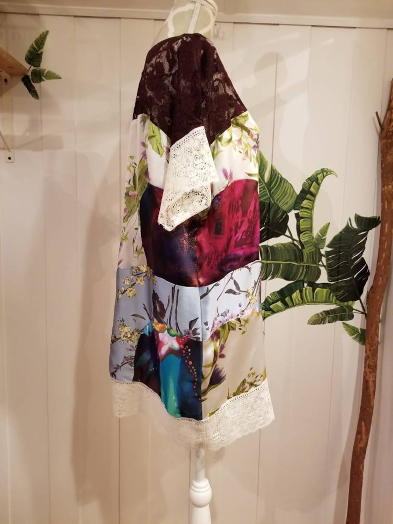 Feel a luxurious countryside nostalgia as your eyes cascade over the layers of silk in this fully reversible tunic. Mixed silk floral prints, lace panels and vintage lace. Feel delighted + very loved when you slip her on!