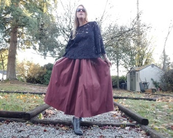 Gathered Waist eco CIRCLE Skirt | Maroon Textured Taffeta | fits xs-m, artisanal made,party skirt, swing skirt,circle midi skirt, 50's style