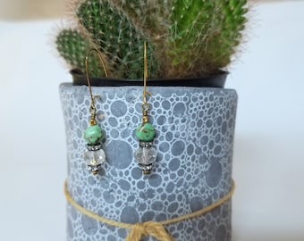 Green Magnesite Eco Drop Dangle Earrings with Glass Bead + Rhinestone Spinners | joy gemstones, unique hippy jewelry,gifts for her, artisan