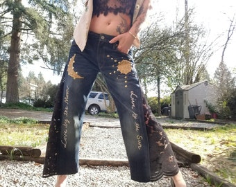 eco UPCYCLED "Live by the Sun, Love by the Moon" crop bell jeans | Black Cotton Lace, Hand embroidery | fits S/M, rework, celestial, artisan