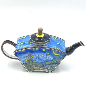 Tetera vintage en miniatura esmaltada y pintada a mano - Noche estrellada