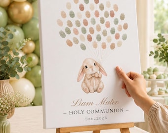 Gepersonaliseerd doopcadeau | Aangepaste Peter Rabbit-vingerafdrukboom canvas | Alternatief voor gastenboek doopkonijn | Communiebord