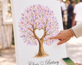Tela rústica com impressão digital de árvore para casamento, alternativa personalizada para livro de assinaturas com folhas, impressão exclusiva de árvore em forma de coração para aniversário, placa de casamento personalizada
