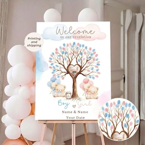 Árbol de acuarela alternativo para libro de firmas de revelación de género - Póster de ecografía personalizado - Árbol de huellas dactilares de niño o niña - Decoración infantil con diseño de oso