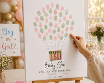 Babyshower vingerafdruk gastenboek alternatief, heteluchtballon canvas print, welkom gender Reveal poster, pasgeboren aandenken gedenkwaardig cadeau