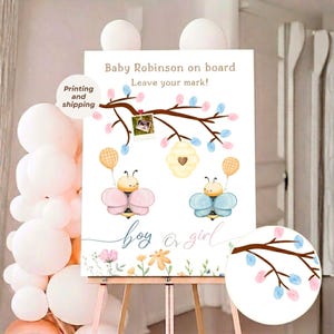 Libro de firmas para revelar el sexo del bebé - Póster personalizado de ecografía de abeja - Arte de ecografía de abeja en acuarela - Decoración personalizada para la habitación del bebé