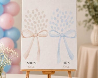 Lace Baby Milestone Fingerprint Guest Book, Coquette Bow Nursery He or She Gender Reveal Framed Poster, Twins Baby Shower Thumbprint Sign