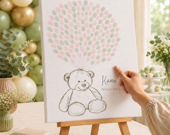 Teddybeer Gender Reveal-gastenboekalternatief | Wat wordt de baby-vingerafdrukboom | Ingelijste babyshowerposter | Aangepaste kinderkamermuurkunst
