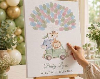 Safari babyshower gastenboek alternatief | Gender-onthullingsvingerafdrukboom | Ingelijste poster Kinderkamerdecoratie | Aangepaste aquarel nieuw babycadeau