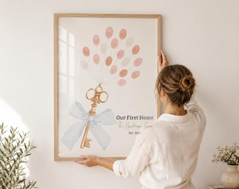 Ons eerste alternatief voor thuisgastenboeken | New Home vingerafdruk boom canvasafdruk | Welkomstbord met housewarmingsleutel | Ingelijste aandenkenposter
