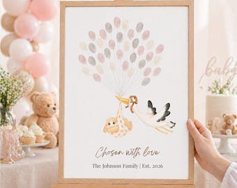 Adoptie-gastenboekalternatief | Pasgeboren vingerafdrukposter ooievaar | Welkomstbord babyshower | Chosen With Love uniek cadeau | Ingelijste kunst