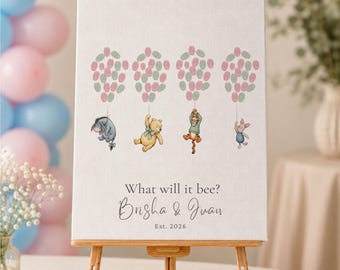 Winnie the Pooh Gender Reveal Guest Book Alternative, Watercolor Vintage Balloon Fingerprint Trees, Custom What Will It Bee Sign,Frame Print