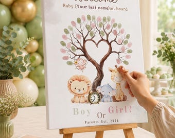 Safari Animal Gender Reveal-gastenboek alternatief - jungle thema vingerafdruk boom - leeuw giraf olifant kinderkamer decor - cadeau jongen of meisje