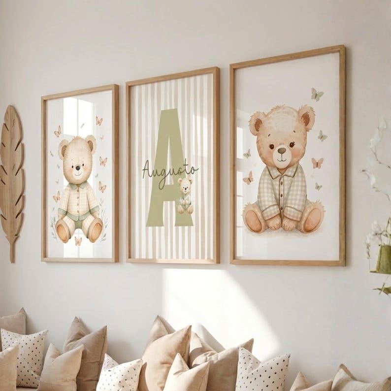 Personalized Teddy Bear Nursery Wall Art Set of 3, Neutral Baby Boy ...