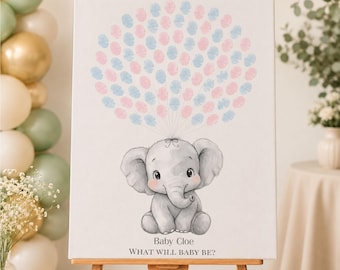 Alternatief voor gastenboek babyshower olifant | Gender-onthullingsvingerafdrukboom | Ingelijste poster Kinderkamerdecoratie | Aangepaste aquarel nieuw babycadeau