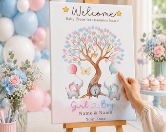 Olifant Gender Reveal gastenboek alternatief - aquarel kleine pinda vingerafdruk boom - aangepaste echografie echografie kunst Boho kinderkamer teken