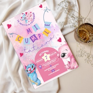Stitch & Angel Birthday Invitation – Editable Canva Template – Pink Printable Party  – Editable birthday party invitation template of Stitch