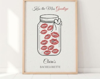 Kiss the Miss Goodbye Poster, Bachelorette Party Guest Book Print, Personalized Hen Party Lipstick Game, Unique Bridal Shower Paper Decor