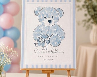 Teddy Bear Fingerprint Guest Book, Coquette Bow Nursery He or She Sign, Twins Baby Shower Thumbprint Poster, Framed Baby Shower Keepsake