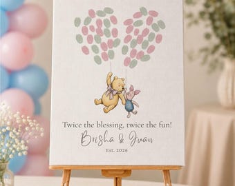Winnie the Pooh Twins Gender Reveal-gastenboek alternatief, aquarel vintage ballon vingerafdruk boom, Twice the Blessing-bord, frameprint