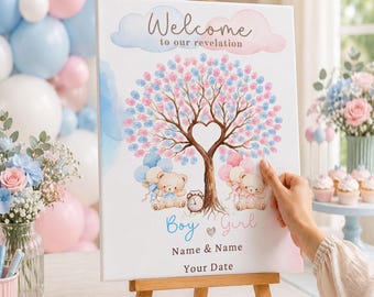 Gender Reveal-gastenboek alternatieve aquarel boom - aangepaste echografie poster poster - jongen of meisje vingerafdruk boom - beren kinderkamer kunst