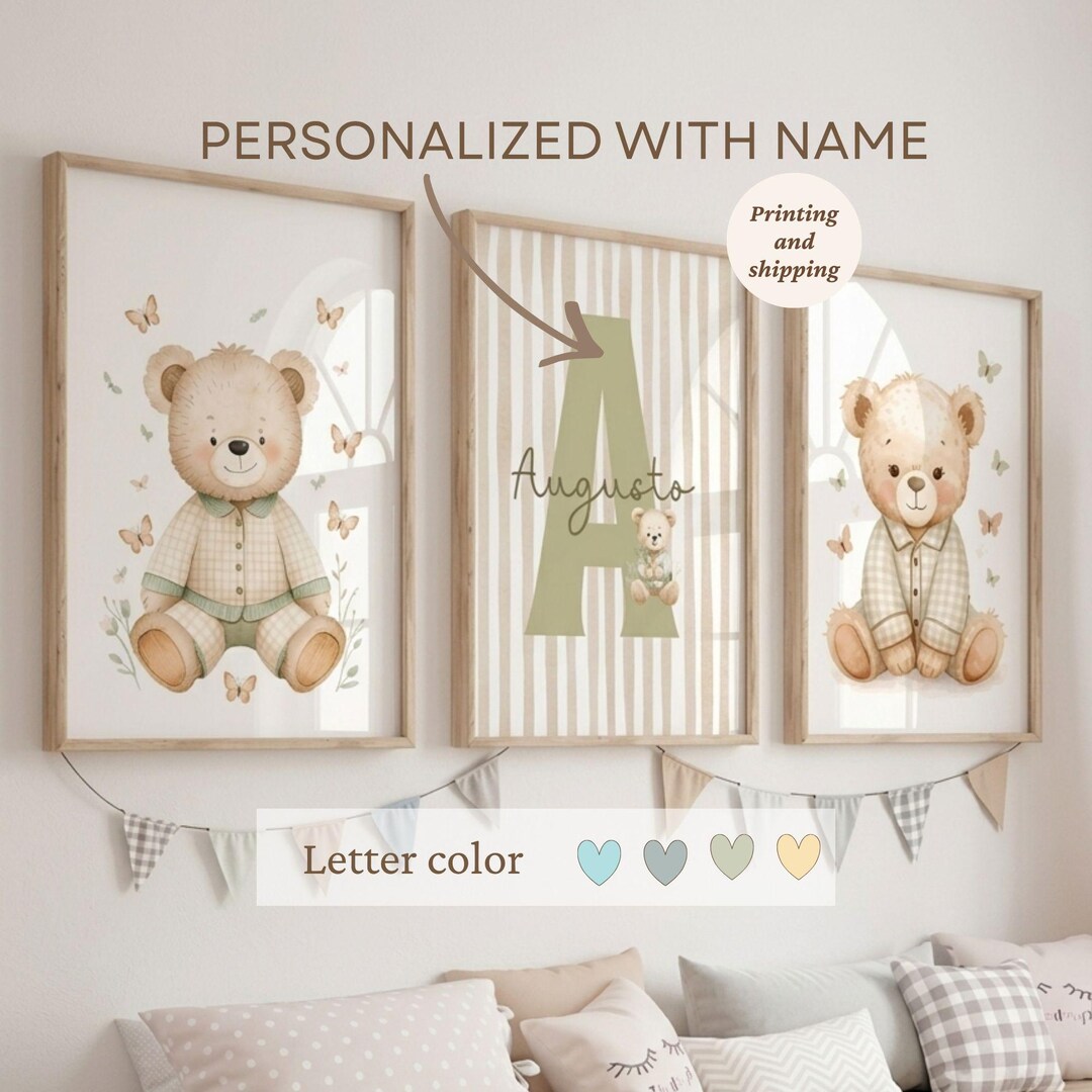 Personalized Teddy Bear Nursery Wall Art Set of 3, Neutral Baby Boy ...