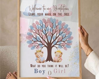 Teddybeer gender Reveal-gastenboek, poster beer vingerafdruk, welkomstbord babyshower, ingelijste kinderkamer kunst aan de muur, aangepaste jongen meisje boom print