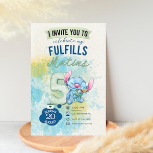Faire-part d'anniversaire Stitch pour garçon - Modèle modifiable turquoise et bleu - Jolie invitation numérique à une fête - Téléchargement immédiat