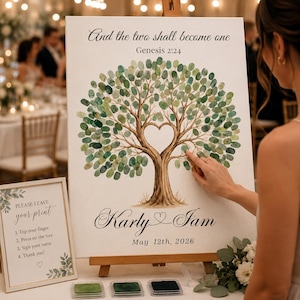 Puede incluir: Un lienzo de libro de firmas de boda blanco con una ilustración de árbol con hojas de huellas dactilares verdes, un centro en forma de corazón y el texto And the two shall become one Genesis 2:24, Karly and Sam, 12 de mayo de 2026, con un cartel.