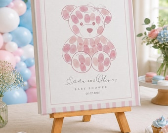 Its A Boy Its A Gir Framed Baby Shower, Coquette Bow Nursery Watercolor Pink Bear Fingerprint Book, Bear Guest Book Baby Name Sign
