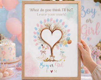 Aquarel Goose Gender Reveal-gastenboek - aangepaste echografie-poster met echografie - gepersonaliseerde gans kinderkamer kunst baby onthullen vingerafdruk boom
