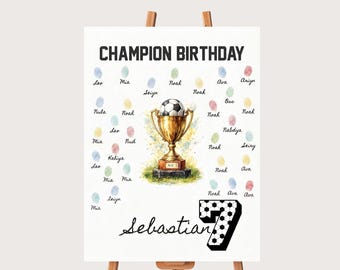 Vingerafdruk gastenboek verjaardag voetbal, decor kampioen verjaardagsfeestje, gepersonaliseerde trofee-gastenboek, bord sportverjaardag